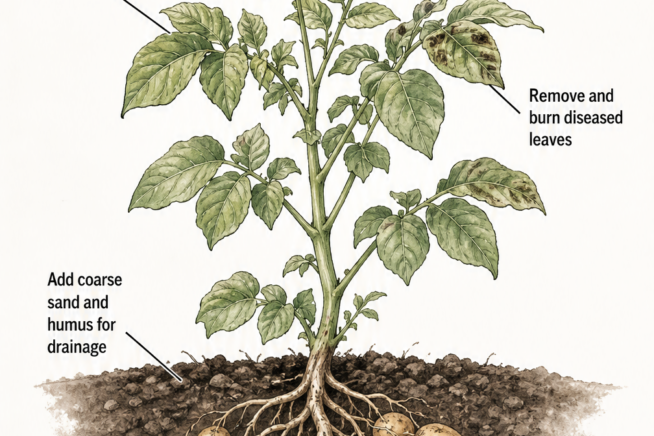 Botanical illustration of a healthy potato plant showing prevention tips for potato fungus like keeping foliage dry and maintaining acidic soil.