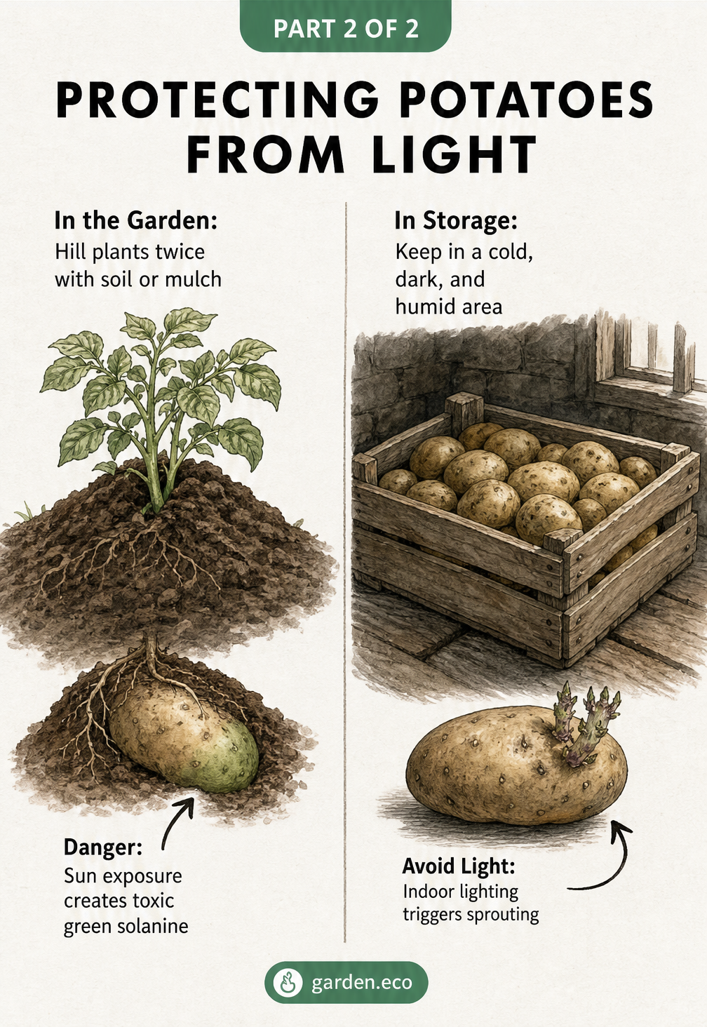 Illustration showing how to protect potato tubers from light by hilling soil in the garden and keeping them in a dark storage area.