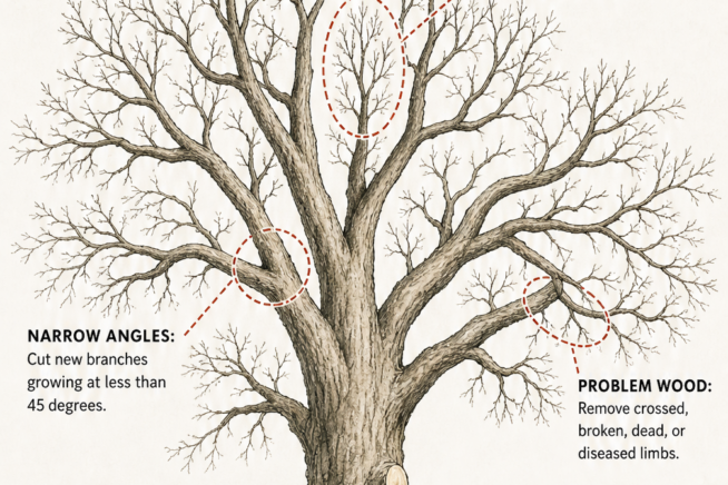 Illustration of a mature, leafless pecan tree in winter showing where to make corrective pruning cuts for crossed branches, narrow angles, and center clearing.