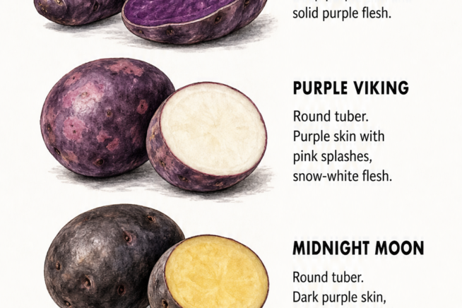 Botanical illustration showing four purple potato varieties: Peruvian Purple, Purple Viking, Midnight Moon, and Adirondack Blue, with whole tubers and sliced...