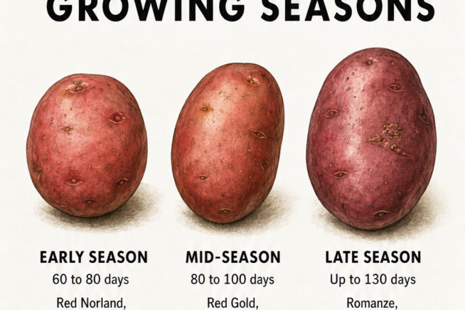 Botanical illustration of early, mid-season, and late season red potato varieties with days to maturity