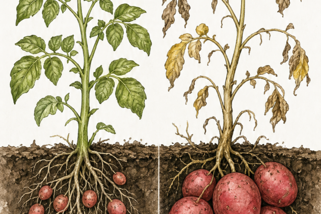 Illustration showing the difference between new red potatoes harvested early and mature red potatoes ready for storage