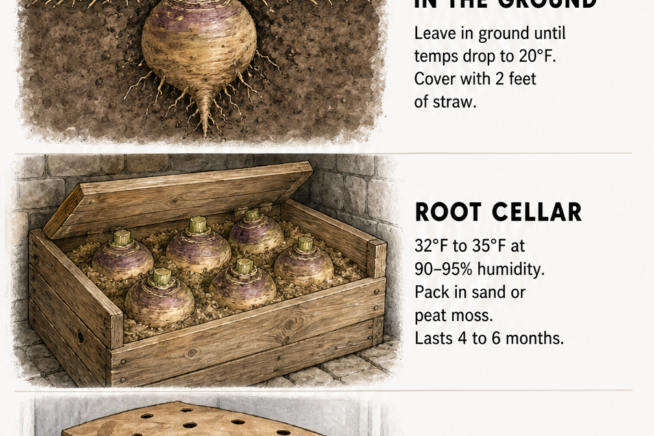 Illustration of three rutabaga storage methods: leaving them in the ground under straw, packing them in sand in a root cellar, or keeping them in paper bags in...
