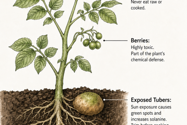 Botanical illustration showing safe and toxic parts of a potato plant, including leaves, stems, berries, and tubers.