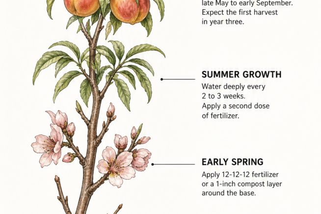 Vertical illustration of a peach tree branch showing four seasonal stages of growth and care, from winter dormancy to summer harvest.