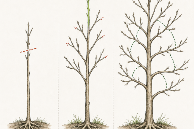 Botanical illustration showing how to prune a young pecan tree from planting through year four to establish a strong central leader and scaffold limbs.