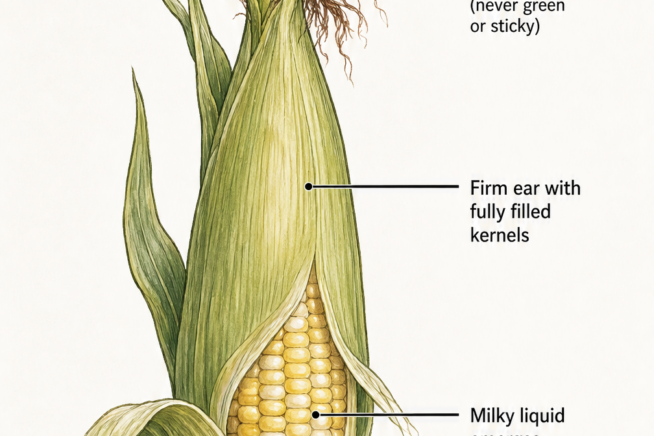 Botanical illustration of a sweet corn ear showing signs of ripeness like brown dry silk, firm kernels, and milky liquid when pierced.