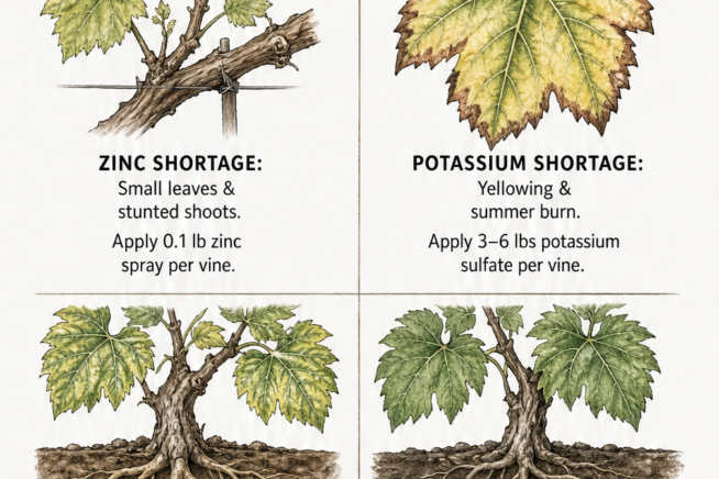 Illustrations of grape vine leaves and roots showing signs of zinc, potassium, magnesium, and phosphorus deficiencies with solutions