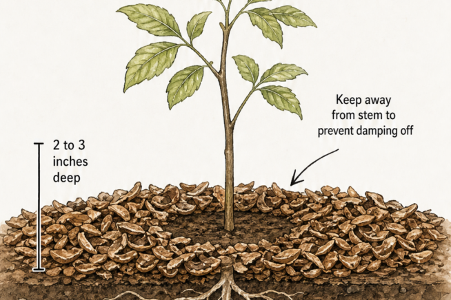 Botanical cross-section illustration showing a 2 to 3 inch layer of pecan shell mulch around a seedling, kept away from the stem.