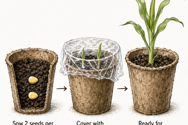 Illustration showing how to start corn seeds indoors using biodegradable peat pots, covering with plastic wrap, and growing seedlings.
