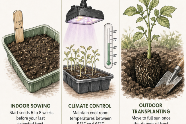 Three-part illustration showing how to start true potato seeds indoors, including shallow planting, climate control under grow lights, and outdoor...