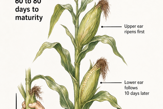 Illustration of a sweet corn stalk showing harvest timing, with the upper ear ripening first and the lower ear following 10 days later.
