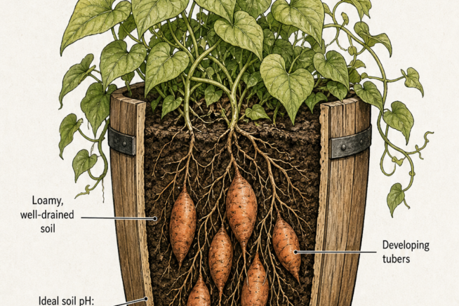 Cross-section illustration of a sweet potato plant growing in a wooden half-barrel container showing soil, drainage gravel, and developing tubers.