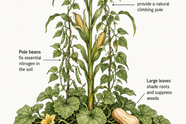 Illustration of the Three Sisters planting method showing corn, pole beans, and winter squash growing together