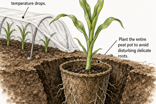 Cross-section illustration of transplanting a corn seedling outdoors by planting the entire peat pot into warm soil.