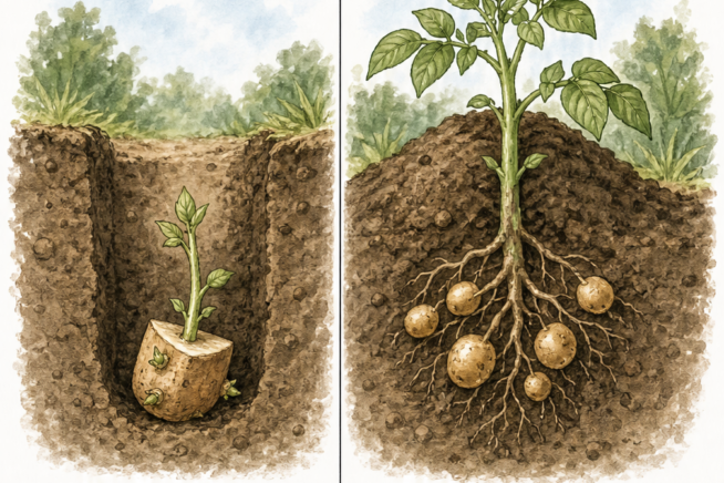 Cross-section of soil showing a potato chunk planted in an 8-inch trench and a later stage where the plant is hilled with soil to promote tuber growth.