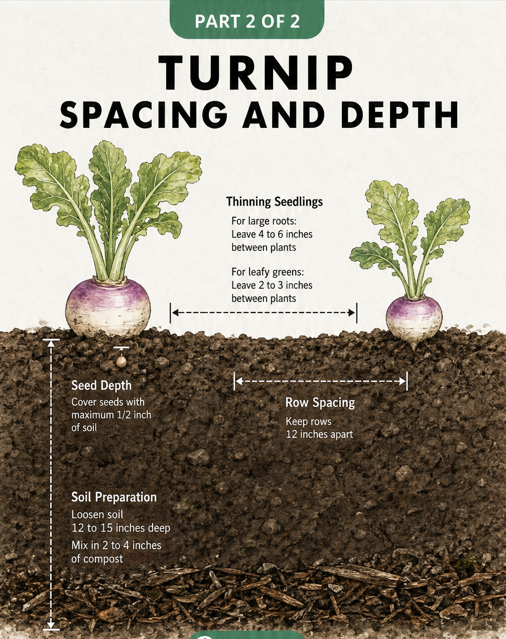 Cross-section illustration of a garden bed showing turnip seed depth, row spacing, and thinning guidelines.