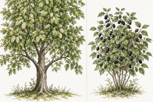 Botanical illustration comparing the large white mulberry tree and the smaller, shrub-like black mulberry tree with growing facts.