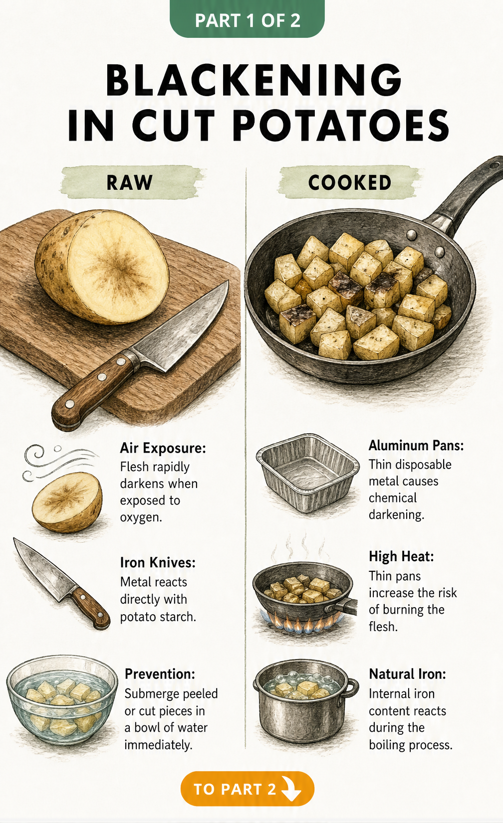 Illustration showing why cut potatoes turn black, comparing raw potatoes exposed to air and iron knives with cooked potatoes in aluminum pans.