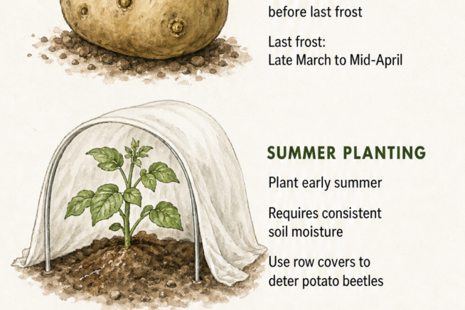 Botanical timeline showing spring, summer, and fall potato planting seasons in Zone 7 with growth stages and methods.