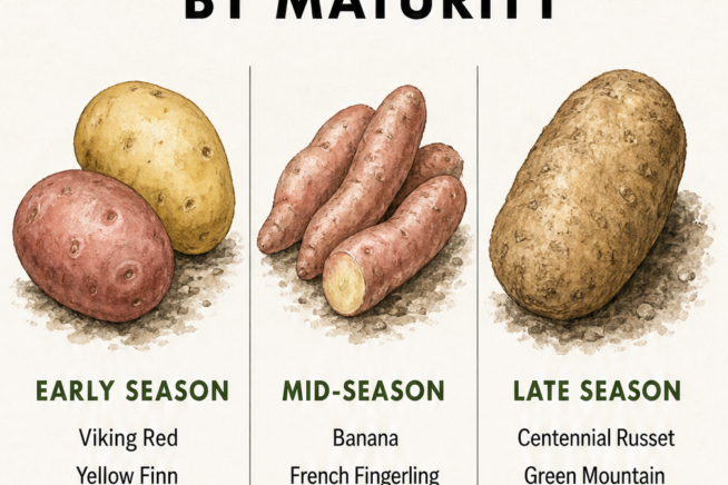 Chart categorizing early, mid-season, and late potato varieties suitable for Zone 7 gardens.