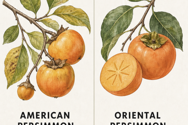 Illustration comparing American and Oriental persimmon trees with hardiness zones and fruiting times
