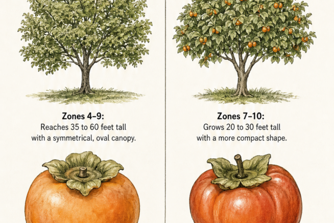Comparison of American and Oriental persimmon trees showing tree silhouettes and detailed fruit drawings.
