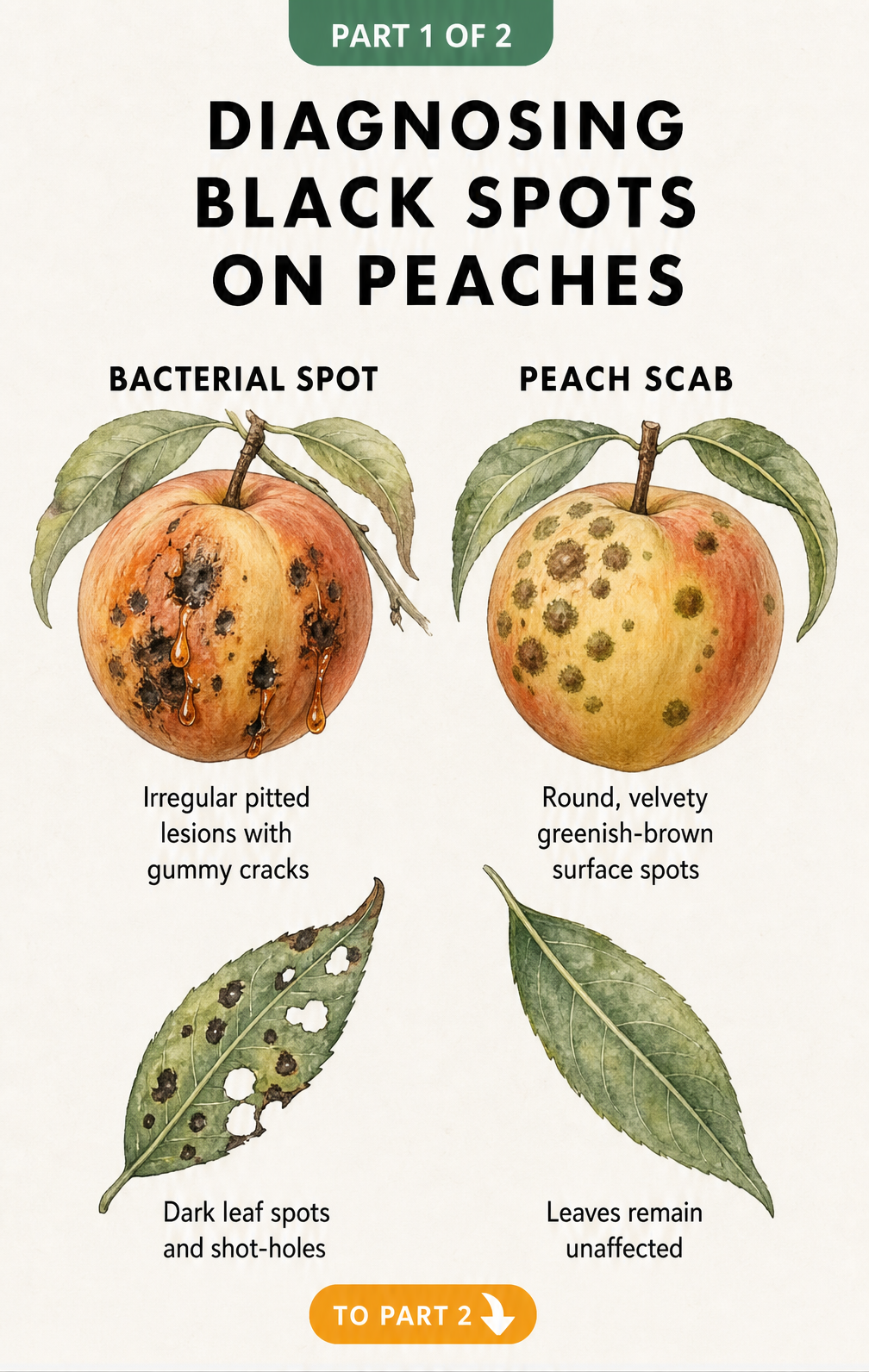 Illustration comparing bacterial spot and peach scab symptoms on peach fruit and leaves