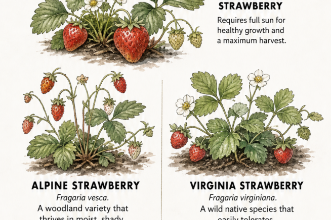 Botanical illustration comparing commercial strawberries, alpine strawberries, and Virginia strawberries, highlighting varieties that tolerate shade.