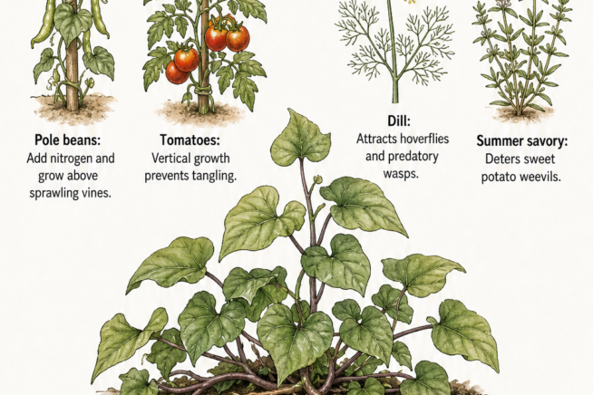 Botanical illustration showing the best sweet potato companion plants, including pole beans, tomatoes, dill, summer savory, and lettuce, plus winter squash as...