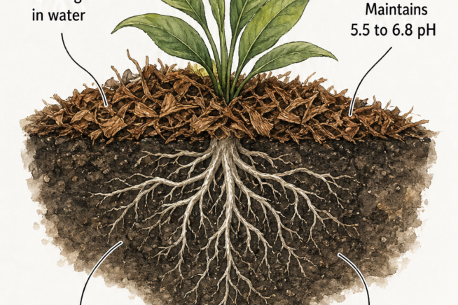 Illustration showing a soil cross-section with coconut mulch on top, highlighting benefits like holding 7x its weight in water and maintaining a 5.5 to 6.8 pH.