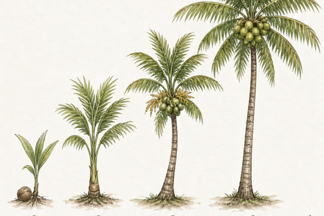 Botanical timeline showing the four growth stages of a coconut palm tree from planting to prime production age.
