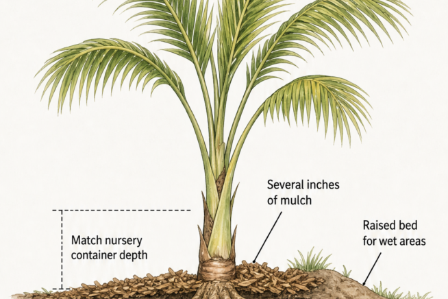Botanical cross-section of a young coconut palm showing ideal soil conditions, planting depth, and a raised bed for wet areas.
