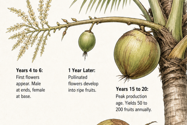 Illustration showing the ripening stages of a coconut from flowers to a mature fallen nut