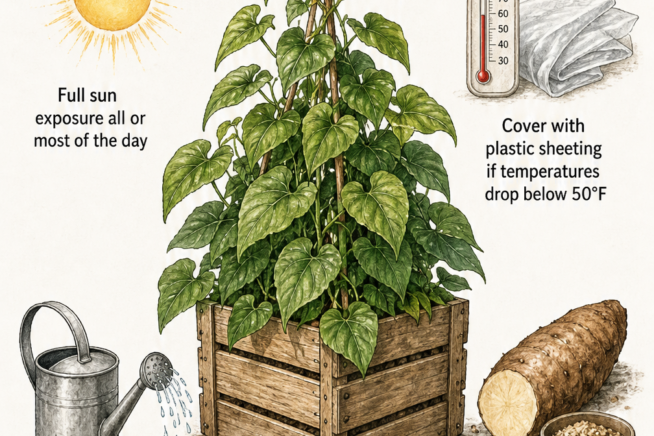 Illustration of a mature yam plant in a wooden crate detailing care requirements including full sun, temperature protection, watering schedule, and fertilizer...