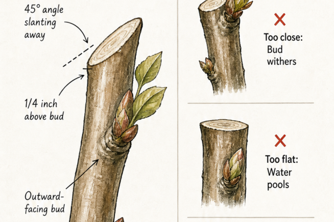 Botanical illustration showing the correct 45-degree pruning cut above an outward-facing bud on a quince branch, alongside three common pruning mistakes.