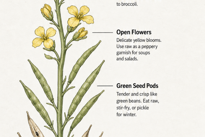 Botanical study of a bolted turnip stem showing edible stages: flower buds, open yellow flowers, green seed pods, and mature seeds.