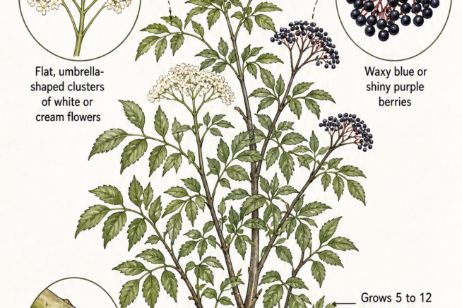 Botanical illustration of an elderberry bush showing its woody trunk, flat white flower clusters, and waxy blue berries.