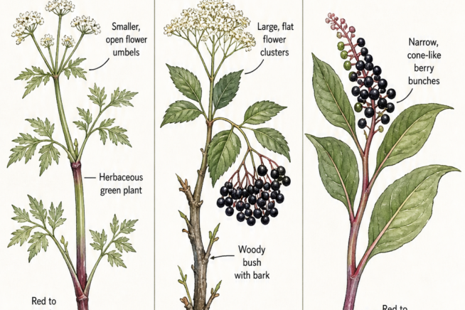 Botanical comparison showing the differences between true elderberry, toxic water hemlock, and toxic pokeberry.