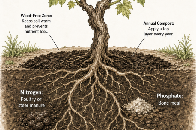 Cross-section illustration of a grape vine root system showing a weed-free zone, annual compost layer, and natural fertilizer sources like poultry manure and...