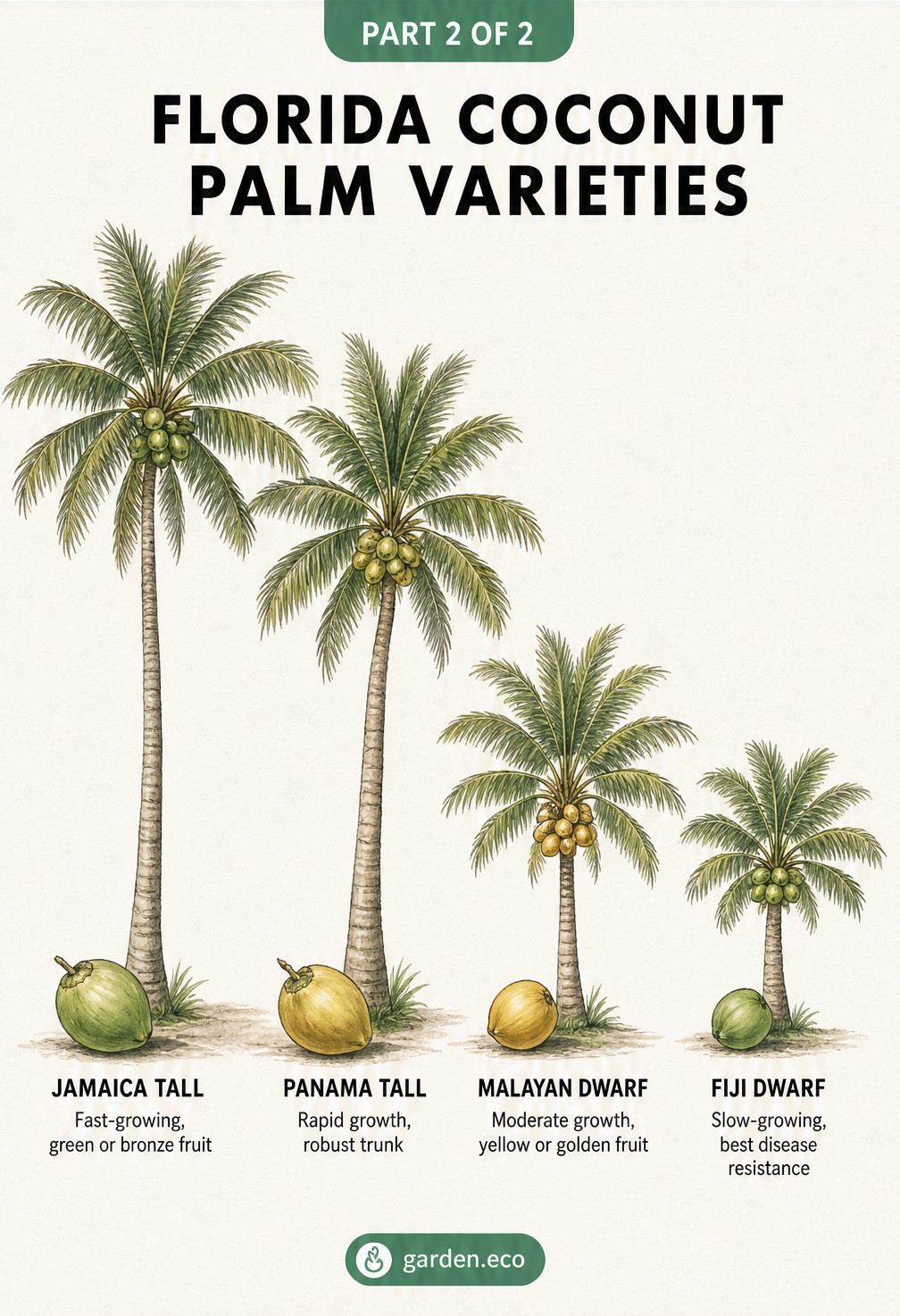 Size comparison of four coconut palm varieties: Jamaica Tall, Panama Tall, Malayan Dwarf, and Fiji Dwarf, showing their relative heights and fruit colors.