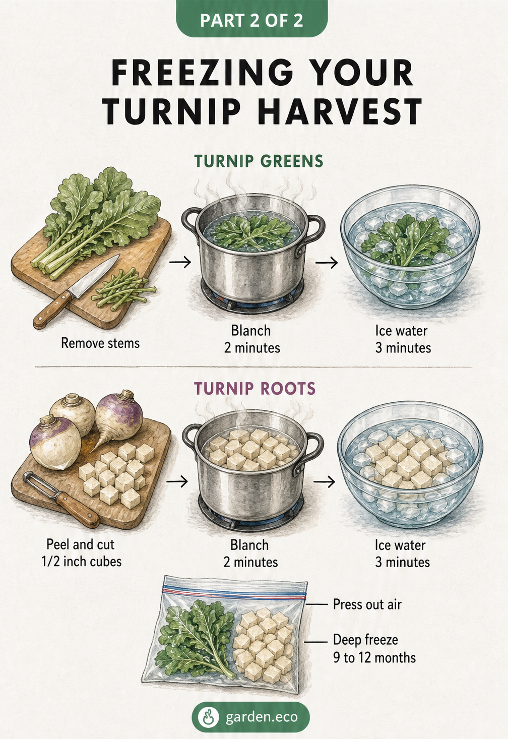 Illustration showing the steps to freeze turnip greens and diced roots, including blanching and ice water baths.