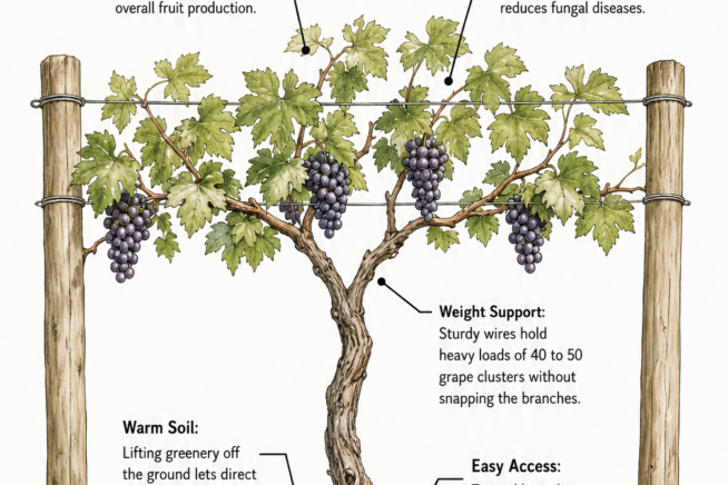 Botanical illustration of a mature grape vine growing on a wire trellis with wooden posts, highlighting benefits like maximum sunlight, air circulation, weight...
