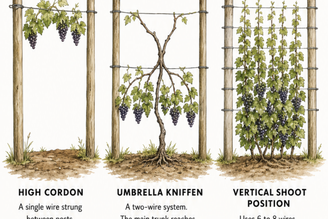 Illustrations of three grape vine trellis systems: High Cordon with a single wire, Umbrella Kniffen with two wires, and Vertical Shoot Position with multiple...
