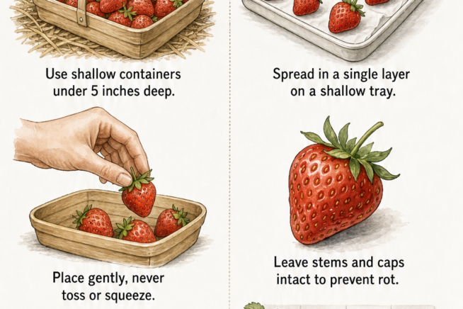 Illustration showing how to handle fresh strawberries in the field and kitchen, including using shallow containers and keeping stems intact.