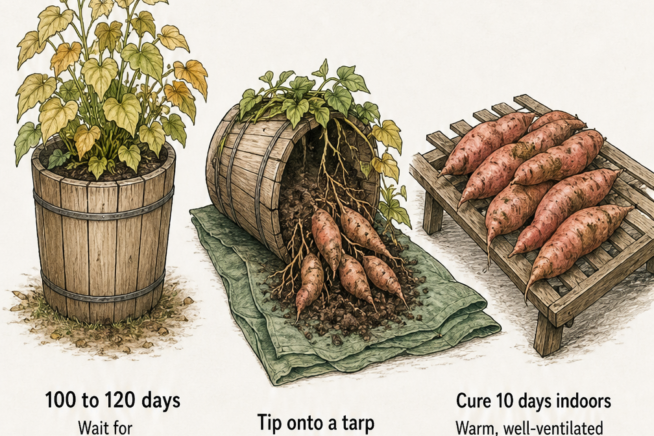 Three-part illustration showing the sweet potato harvest process: waiting for yellow vines, tipping the container onto a tarp, and curing the tubers indoors.