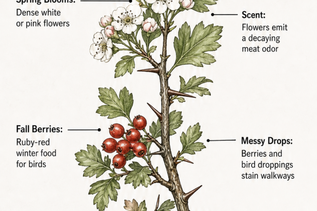 Botanical illustration of a hawthorn branch showing spring blooms, fall berries, and sharp thorns, detailing both ornamental benefits and drawbacks.