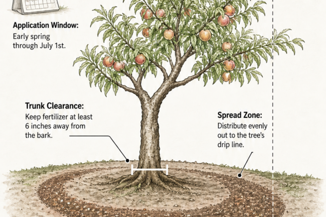 Diagram showing how to apply fertilizer around a peach tree out to the drip line, keeping it away from the trunk.
