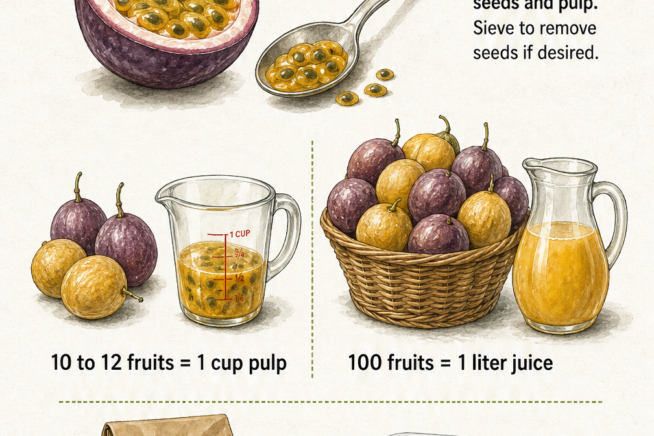 Illustration showing how to scoop out passion fruit pulp, yield measurements, and storage tips for the fridge and freezer.