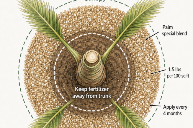 Top-down view of a coconut palm base showing how to apply fertilizer in a ring around the canopy while keeping it away from the trunk.